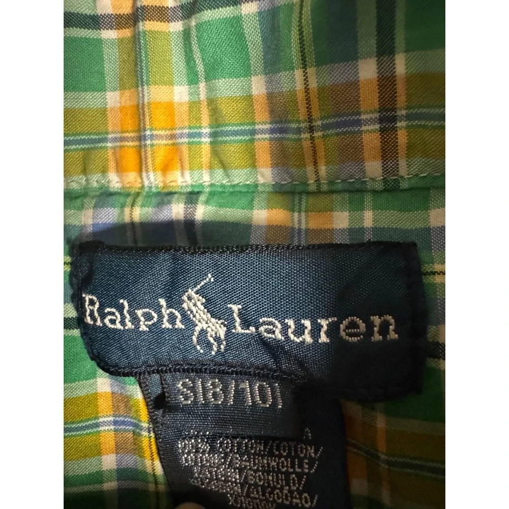 Ralph Lauren Boys Green Yellow Plaid Button Down Shirt‎ Size S 8 10 Long Sleeve